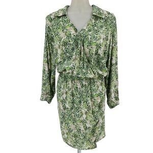 CAbi Green Tropical palm Leaf Print Shirt Dress Faux Wrap VNeck 3/4 Sleeve Sz M